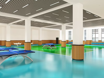 Spacious Indoor Sports Fitness Area With Table Tennis Tables Green Blue Flooring And Wooden Accents 3d model
