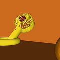 Cute Yellow Portable Fan with Circular Base on Orange Background and Fresh Oranges Monstera Leaf