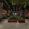 Warm Restaurant Interior With Red Brick Walls Green Plants Pendant Lights And Wooden Decor