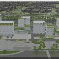 Modern Office Buildings With Green Roofs Surrounding River and Plaza and People Activities