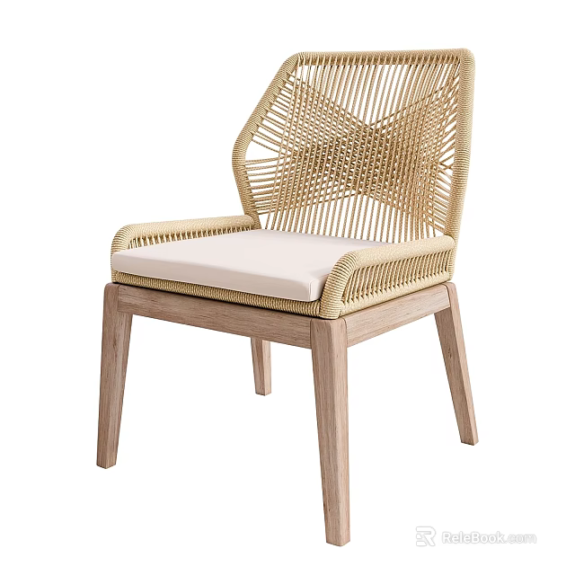 Modern Woven Rattan Accent Chair With Beige Cushion And Wooden Legs 3d model 