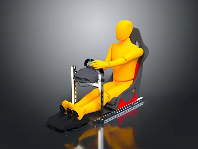Yellow Mannequin Seated In Racing Simulator Seat With Steering Wheel And Pedals 3d model