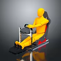 Yellow Mannequin Seated In Racing Simulator Seat With Steering Wheel And Pedals