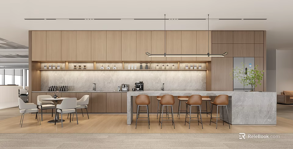 Modern Break Room Interior With Wooden Cabinets Bar Counter Seating And Coffee Machine 3d model 