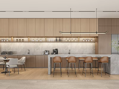 Modern Break Room Interior With Wooden Cabinets Bar Counter Seating And Coffee Machine 3d model