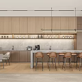 Modern Break Room Interior With Wooden Cabinets Bar Counter Seating And Coffee Machine