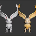 Two White And Yellow Rabbit Like Animals With Large Feathery Ears On Black Background