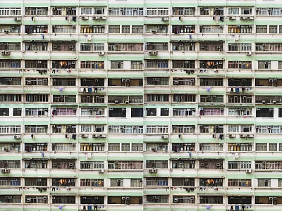 Dense Urban Residential Buildings With Balconies And Hanging Clothes On Multiple Floors 3d model