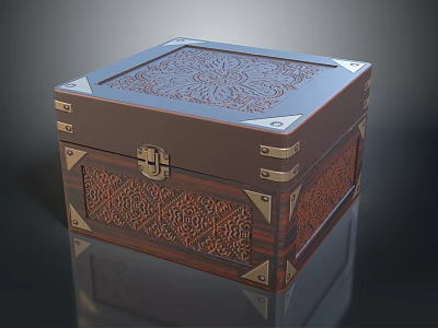 Ornate Wooden Storage Box With Intricate Carvings And Metal Corner Accents 3d model