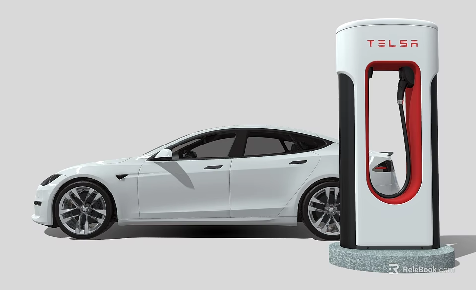 Tesla White Electric Car Charging At Supercharger Station With Sleek Exterior Design 3d model 