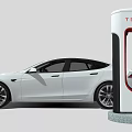 Tesla White Electric Car Charging At Supercharger Station With Sleek Exterior Design