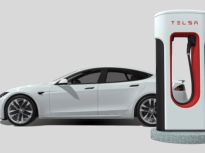 Tesla White Electric Car Charging At Supercharger Station With Sleek Exterior Design 3d model