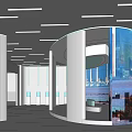 Modern Circular Exhibition Space with Curved White Walls and Large Windows Overlooking Seaview and Cityscape