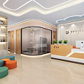 School Reception Area With Modern Desk Colorful Stools Green Plants And Wall Logo