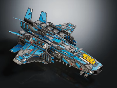 Detailed Sci fi Spaceship Model With Blue Gray Structure And Yellow Cabin Design 3d model