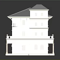 Classic Two Story Residential Building With Blue Roof Beige Exterior Balcony And Arched Porch