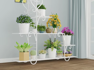 Indoor White Multi Tiered Plant Stand with Vase and Various Flowers Succulents on Blue Wall 3d model