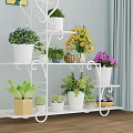 Indoor White Multi Tiered Plant Stand with Vase and Various Flowers Succulents on Blue Wall