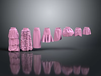 Pink Dresses Various Styles Including Layered Ruffled A line Designs on Gray Background with Reflections 3d model