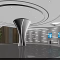 Modern Lobby Interior Design With Circular Ceiling White Pillar Wooden Wall And Green Plants