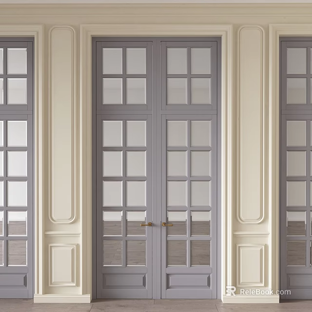 Gray Double Doors With Glass Panes And Elegant Interior Decorative Moldings 3d model 