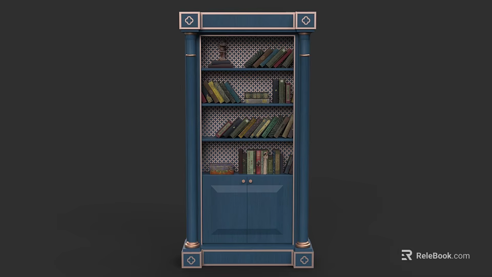 Blue Decorative Bookcase With Ornate Trim Columns Shelves And Cabinet Doors 3d model 