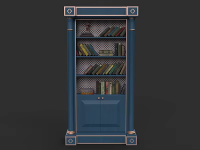 Blue Decorative Bookcase With Ornate Trim Columns Shelves And Cabinet Doors 3d model