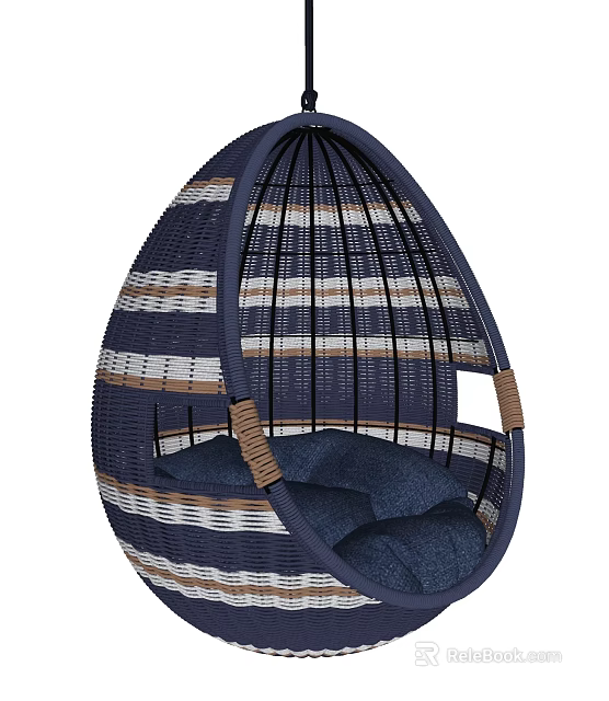Egg Shaped Woven Rattan Dark Blue Stripes Hanging Chair With Comfortable Cushion 3d model 