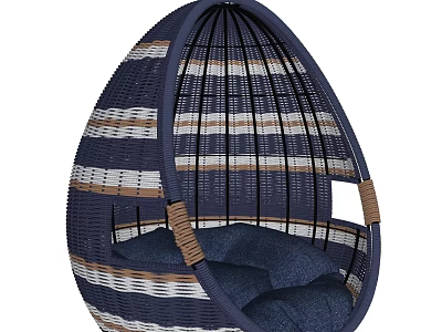 Egg Shaped Woven Rattan Dark Blue Stripes Hanging Chair With Comfortable Cushion 3d model