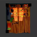 Cartoon Scene of Wooden Room with Wooden Desk Shelves Bottles Plant and Warm Lighting Stairs