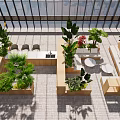 Indoor Landscape With Large Glass Windows Lush Green Plants And Wooden Planters