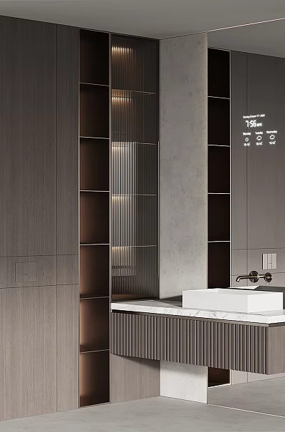 Elegant Modern Bathroom Interior With Wooden Cabinets Large Mirror And Marble Vanity 3d model