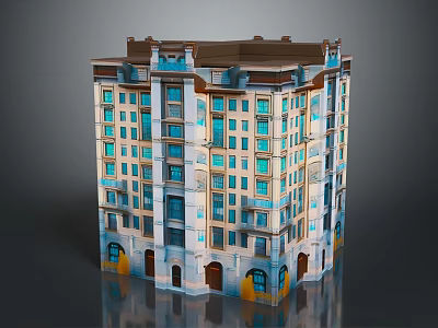 Classical Multi Story Residential Building With Arched Doors And Ornate Windows Facade 3d model