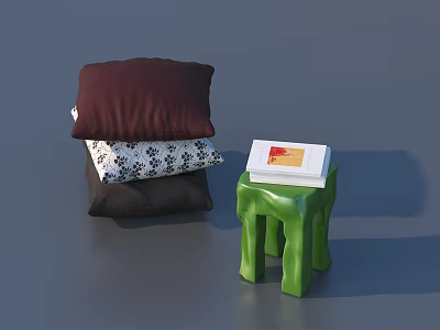 Stacked Patterned Dark Brown Pillows And Green Small Stool With Red White Book 3d model