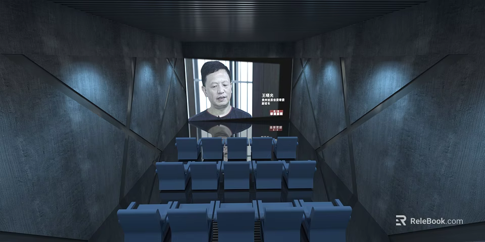 Modern Cinema Interior With Blue Seats And Large Projection Screen 3d model 