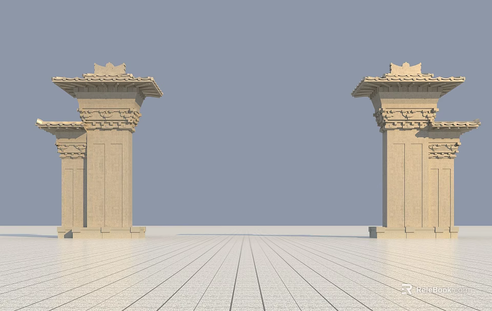Ancient Architecture with Symmetrical Pillars Decorative Tops and Paved Ground 3d model