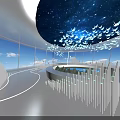 Modern Curved Interior Space Featuring Starry Sky Ceiling White Bird Decorations And City View