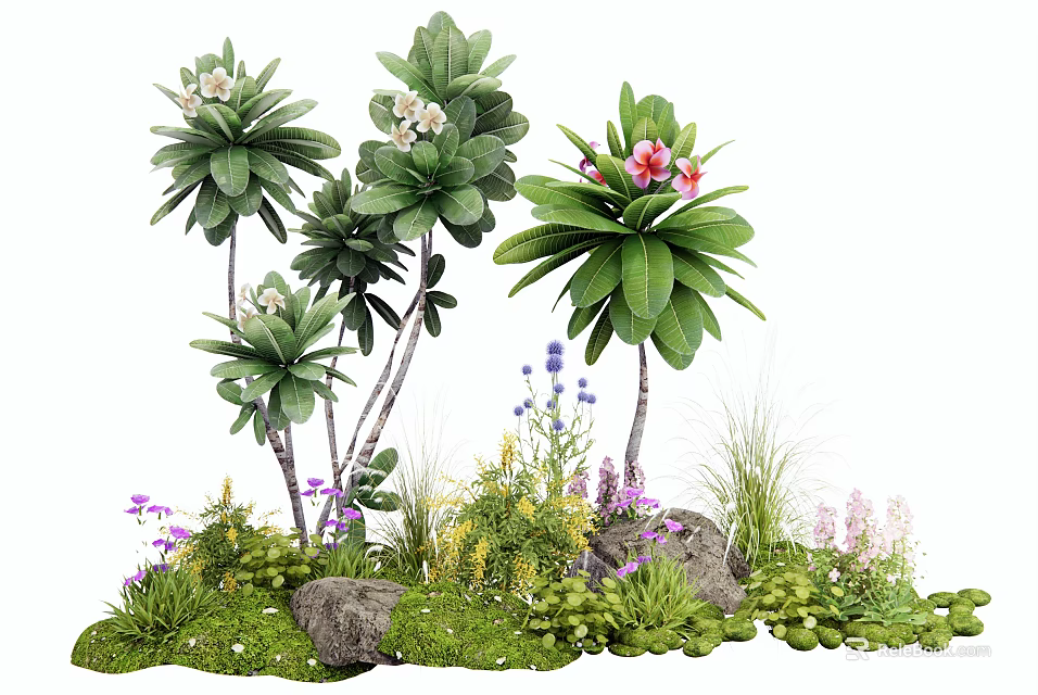 Lush Garden Setting With Assorted Colorful Flowers Green Plants Grass And Stones 3d model 