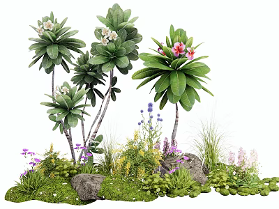 Lush Garden Setting With Assorted Colorful Flowers Green Plants Grass And Stones 3d model