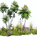 Lush Garden Setting With Assorted Colorful Flowers Green Plants Grass And Stones