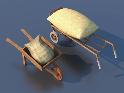 Wooden Single Wheel And Metal Frame Two Wheel Wheelbarrows With Checkered And Yellow Cushions 3d model