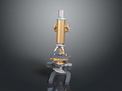 Golden Laboratory Microscope With Cylindrical Tube Adjustable Knobs And Metal Base 3d model