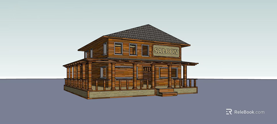 Two Story Wooden Saloon Building With Front Porch And Shingle Roof 3d model 