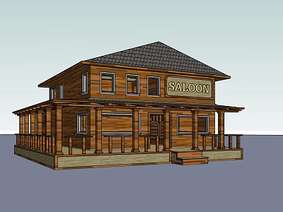 Two Story Wooden Saloon Building With Front Porch And Shingle Roof 3d model