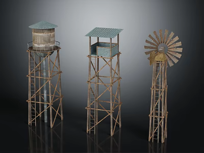 Various Tower Structures Featuring Water Tower Watchtower and Windmill With Wooden Frames and Metal Supports 3d model