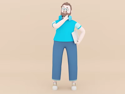 Game and Movie Character with Glasses Beard Blue Shirt Pants Holding Notebook in Thinking Pose 3d model