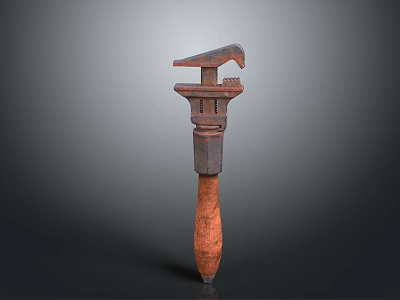 Rusty Vintage Pipe Wrench Tool With Metal Body And Wooden Handle 3d model