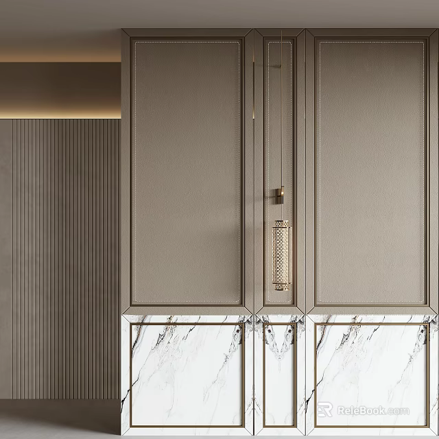 Elegant Modern Kitchen Background Wall With Marble Panels And Golden Handle Design 3d model 
