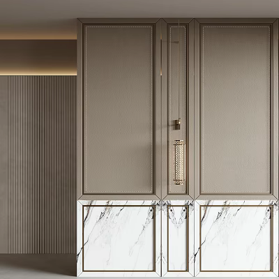 Elegant Modern Kitchen Background Wall With Marble Panels And Golden Handle Design 3d model