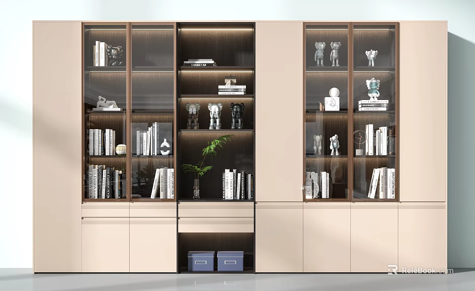 Modern Bookcase With Glass Doors Books Decorative Items Green Plant And Storage Boxes 3d model 